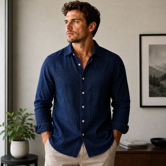 Banana Republic Other - Banana Republic Mens L 100% Linen Slim Fit Denim Blue Button Down Shirt
